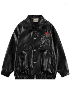 Men's Jackets Vintage Faux Leather Motorcycle Hip Hop Embroidery Floral Letter Biker Windbreaker Bomber Jacket Casual Coat Black Brown