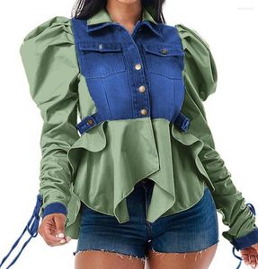 Women's T Shirts Sexy Patchwork Denim Shirt Top Tight Stacked Long Puff Sleeve Blouses Women Turn Down Collar Button Up Tops Fashion