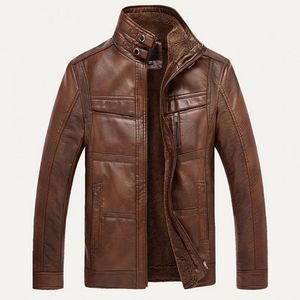 Men's Fur & Faux Men Jacket Long Sleeve Stand Collar Leather Fleece Lined Zip Warm Motorcycle Short Pocket Coats Autumn Winter