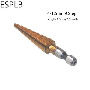 Professionelle Bohrer ESPLB 1pc 4-12mm 5/9 Schritte 3-13mm Bit Titan Sechskantschaft Hochgeschwindigkeitsstahlschneider Holz Kegelsäge Power Bohren