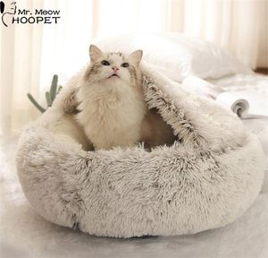Hoopet New 2In1 Round Plush Cat Bed Winter Warm Cave Pet Pet Cat Small Dog Sleeping Nest犬小屋ソフトネストノンスリップボトムマット201109