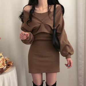 Casual Kleider Elegant Für Frauen Koreanische Mode Langarm Bluse Hosenträger Mini Kleid Anzug Y2K Mädchen Bodycon Sexy Party-kleid 2023