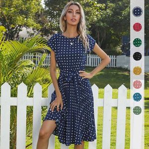 Summer Midi Dress Short Sleeve Lace Empire Up Polka Dots Pleated