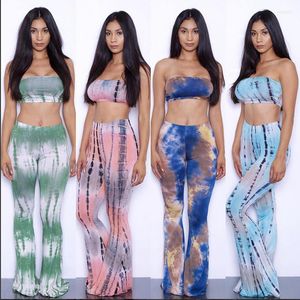 Women's Two Piece Pants Sexy Tie Dye Club Outfit Beach Wear Strapless Crop Top And Long Flare Summer Tracksuit Fashion Y2k Boho Clothes