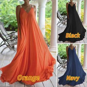 Sommer Orange V-Ausschnitt langes Kleid Freizeitkleider Bohemian Plus Size Strap