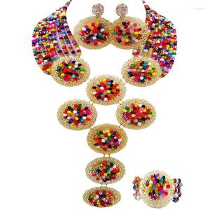 Halskette Ohrringe Set handgemachte mehrfarbige nigerianische Hochzeitsperlen Kristall 10C-9PH-21