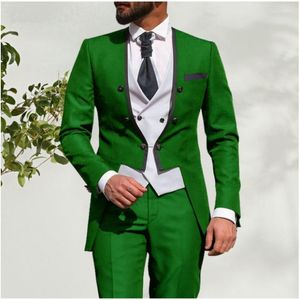 Abiti da Uomo Moda Senza Colletto Verde Giacca Lunga Costume Homme Uomo Sposo Matrimonio Smoking Prom Terno Masculino Giacca Slim Fit 3 Pezzi