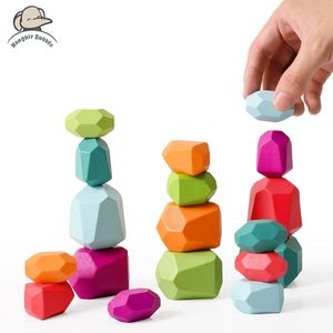 Blocchi Arcobaleno in legno Pietre Costruire in legno colorato Giocattolo Block Stacker Giochi di bilanciamento Giocattoli educativi Montessori per bambini 230111