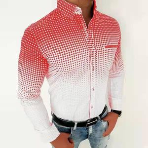 Camisas casuais masculinas impressão digital Men virar a colarinho abotoado camisa de tamanho grande de manga longa de manga longa