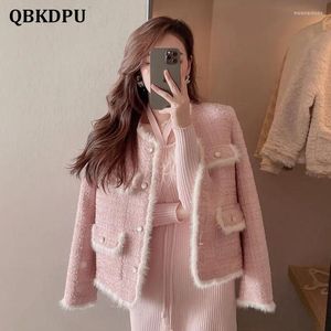 Women's Jackets Korean Pink Spliced Fur Plaid Tweed Jacket Women Elegant Luxury Deisgn Round Neck Short Coat Vintage Long Sleeve Chaqueta