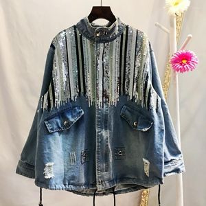 Women's Jackets AYUALIN Vintage Stand Collar Loose Autumn 2023 Casual Maxi Coat Jeans OutWear Sequins Long Sleeve Denim Coats For Women