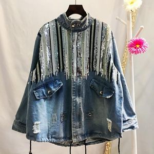 Kvinnors jackor ayualin vintage stativ krage lös höst 2023 casual maxi coat jeans outwear paljetter långärmad denimrockar för kvinnor