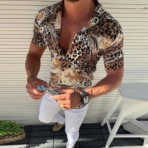 Men's Casual Shirts Men Summer Tops Model Shirt 2023 Short Sleeve Leopard Printed Blouse Single-breasted Sexy Mens Clothing