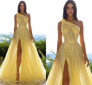 Stunning Yellow Sequined Prom Dresses Arabic Dubai A Line Sheer One Shoulder Beads High Thigh Split Evening Gowns Formal Occasion Vestidos 2023 BC14876