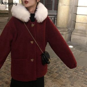 Women's Down Parkas Red Women Hooded Fur Collar Single Breasted Lambswool Coats Winter Christmas Sweet Lovely Warm Jackets Loose Korean Retro 230111