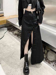 Kjolar hög midja personlighet cheongsam spänne design vintage slits aline svart streetwear harajuku stil midcalf 230110