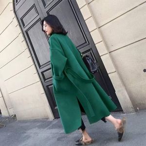 Women's Wool Trendy 2023 Ladies Green Double Beasted Real Woolen Cashmere Coats With Belt Wholesale 1390