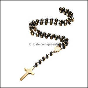 Pendant Necklaces Black/Gold Color Long Rosary Necklace For Men Women Stainless Steel Bead Chain Cross Womens Mens Gift Jewelry 418 Dhf2L