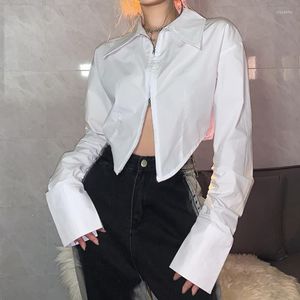 Kvinnors blusar vit polo krage kvinna skjorta långärmad koreansk mode hög midja blixtlås oregelbundna skjortor kvinnlig casual skörd topp droppe