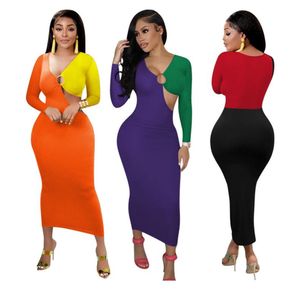 Toptan Uzun Kollu Elbiseler Kadınlar Sonbahar Kış Bodycon Elbise Seksi V Boyun İçi Dışarı Out Midi Elbiseler Sıradan Patchwork Party Wear Double Street Giyim 8475