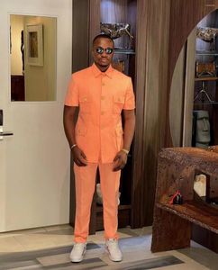 Men's Suits Summer Bright Orange Men Short Sleeves With Pants Classic Casual Male Set Slim Wear Latest Design Suit Supply Custom Made