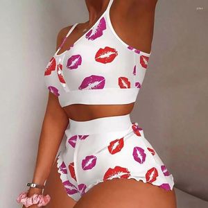 Women's Sleepwear Sexy Female Cute Crop Top & Shorts Suits Lady Women's 2 Pieces Kawaii Strawberry Print Frill Hem Cami Pajama Set