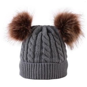 Berets Kids Winter Hat Toddler Knitted Pom Beanie Cotton Lined Faux Cap Baby Girls Boys Brand Female Fur Poms
