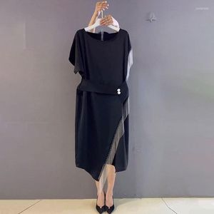 Vestidos de festa solteiros pretos tassel feminino vestido de verão o cinto assimétrico, na altura do joelho, elegante roupa feminina de alta qualidade