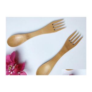 Dinnerware Sets Bamboo Cutlery Fork Spoon 2 In 1 Tableware Portable Flatware Student Picnic Travel Ice Cream Salad For Kids Drop Del Dhhmf