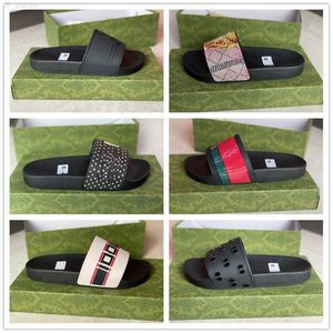 2023 Neue Gummi-Slides Sandalen Blumenbrokat Damen Herren Slipper Flache Böden Flip-Flops Damenmode Gestreifte Strandhausschuhe mit Boxen