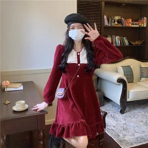 Casual Dresses French Retro Bowknot Corduroy For Women 2023 Spring Fall Red Christmas Sweet Mini Dress Ruffle Korean Vestidos