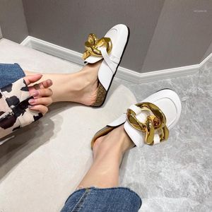 Slippers Gold Chain Decor Round Toe Flat Mules Lazy Loafers Shoes Women's Outdoor Cozy Soft Leather Casual Female1