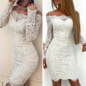 Sukienki swobodne kobiety koronkowe kwiatowe sukienki na ramię elegancki solidny kolor chudy bodycon szczupły mini krótki rękaw na wieczorne imprezę