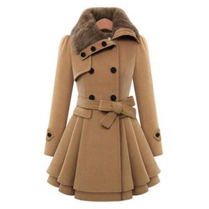 تمتزج صوف المرأة للنساء معطف الخندق المزدوج حزام كبير الحجم في الخريف التفاف الشتاء على الطراز الكوري