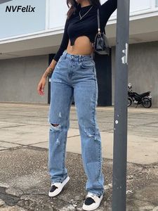 Women's Jeans Fashion Ripped High Waist Straight Denim Mom Pants Baggy Washed Blue Casual Female Cotton 230111