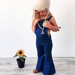 Jumpsuits 2023 Fashion Toddler Kids Baby Girl Sleeveless Backless Strap Denim övergripande Romper Jumper Bell Bottombyxor Sommarkläder