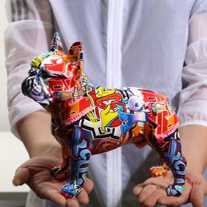 Decorative Objects Figurines Creativity Modern Colorful French Bulldog Statue Wholesale Graffiti Office Ornaments Printing Resin Dog Home Decor Crafts 230111