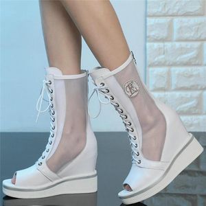 Dress Shoes 2023 Casual Women Genuine Leather High Heel Pumps Female Lace Up Summer Peep Toe Motorcycle Boots Fashion Sneakers