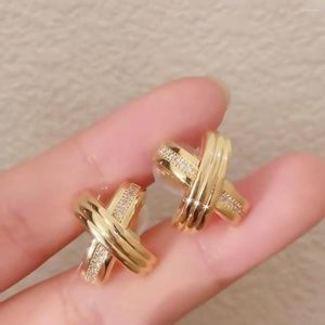 Backs Earrings Copper Alloy Korean Clip On 18K Gold Plated Cubic Zircon Fake Piercing X-shape For Women