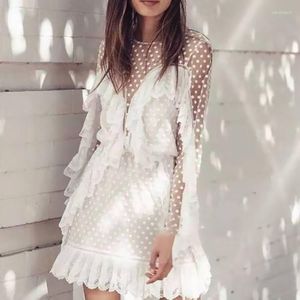 Casual Dresses White Mini Dress Women Polka Dot Mesh Patchwork Transparent Hollow Out Long Sleeve Ruffles Summer Spring Fashion Female