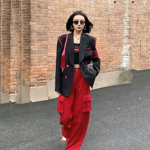 Women's Two Piece Pants Fashion High Street Set Black Suit Jacket Women's Blazer Casual Red Cargo Spring 2023 Loose Trouser Sets