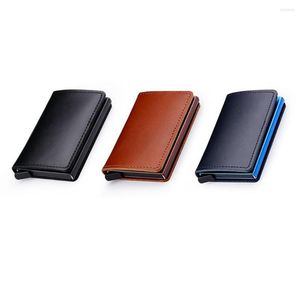 Card Holders 1 Piece Genuine Leather Metal Men Holder RFID Aluminium High Quality With Blocking Mini Wallet