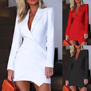 Casual Kleider Sexy Bodycon Plissee Slim Weiß Blazer Kleid Mode Frauen Langarm V-ausschnitt Büro Dame Mini Elegante Haut Enge