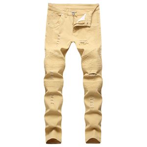 Dżinsy męskie dżinsy khaki dżinsy plisowane design męskie chude szczupłe dżinsowe spodnie Hip-hop Street Ripped