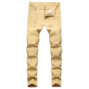 Men's Jeans Khaki Biker Jeans Pleated Design Mens Skinny Slim Stretch Denim Pants Hip-Hop Street Ripped