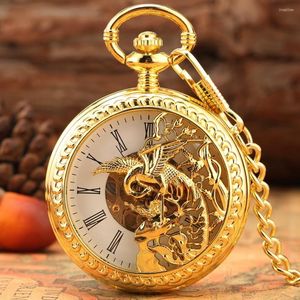 Pocket Watches Golden Double Open Case Lid Phoenix Semi-hollow Mechanical Watch Hollow Cover Hand Winding FOB Chain For Men Women