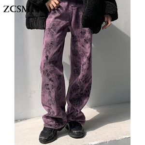 Women's Jeans ZCSMLL Large Size Purple Tie-dye Female Spring Autumn Tide Ins High Street Sweet Cool Loose Drape Straight Trousers Winter