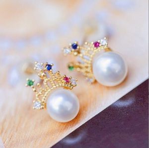 Freshwater pearl Earrings 14k crystal crown Ear Studs Lady/girl Fashion jewelr