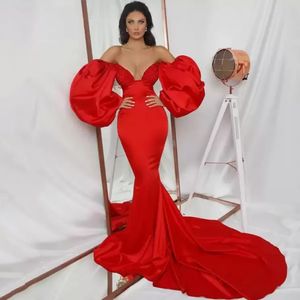 Puff Long Sleeves Red Mermaid Prom Dresses Off Shoulder Simple Elegant Satin Formal Dress Evening Gowns Slim Fit Women Special Occasion Wear