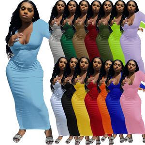 Fall Winter Dresses Women Long Sleeve Bodycon Dress Plus Size 2XL Sexy Skinny Deep V neck Long Style Dress Night Club Party Wear Fashion Streetwear Bulk Items 8435